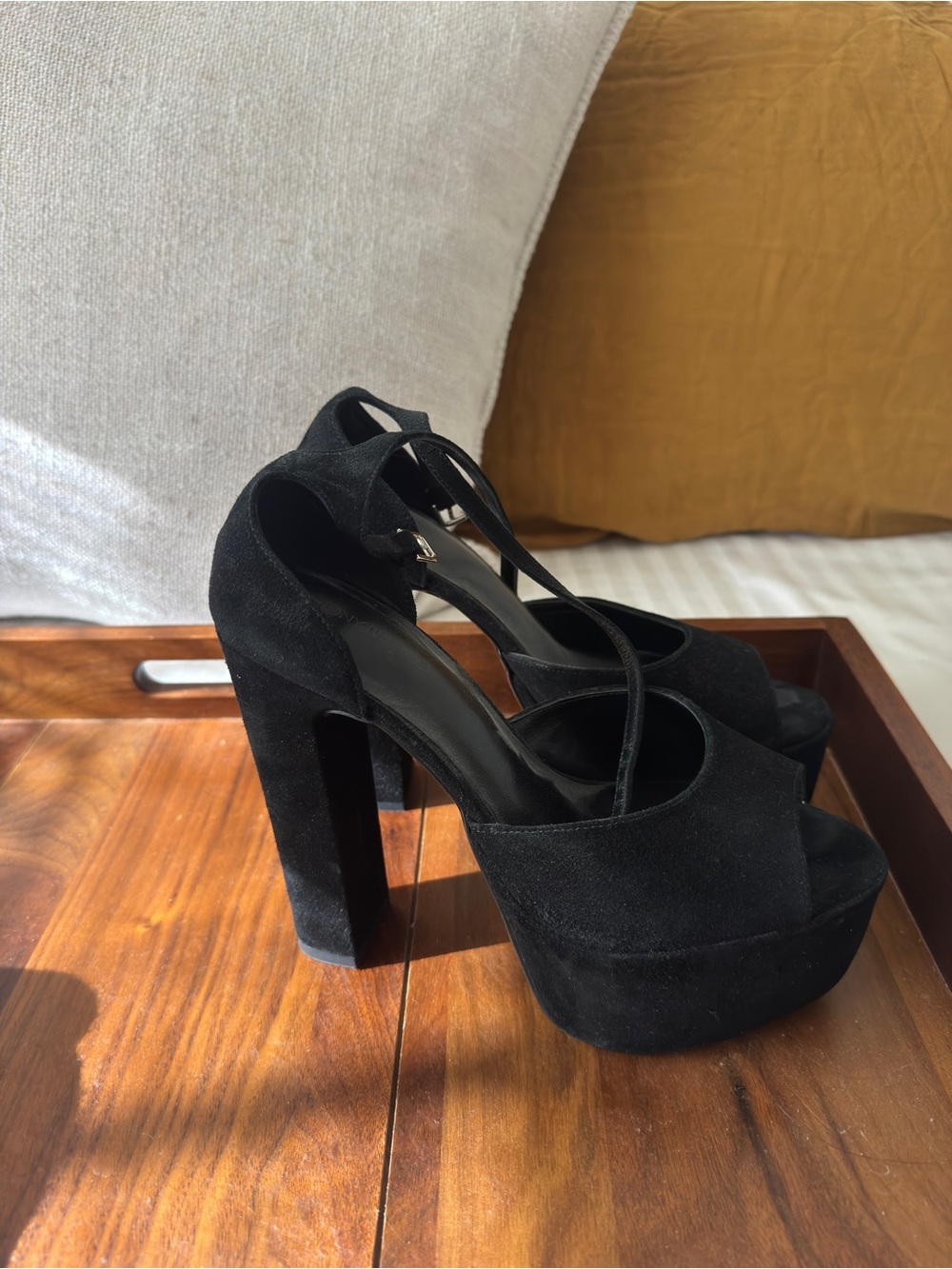 Tony Bianco Black Suede Platform Heels with Ankle Straps